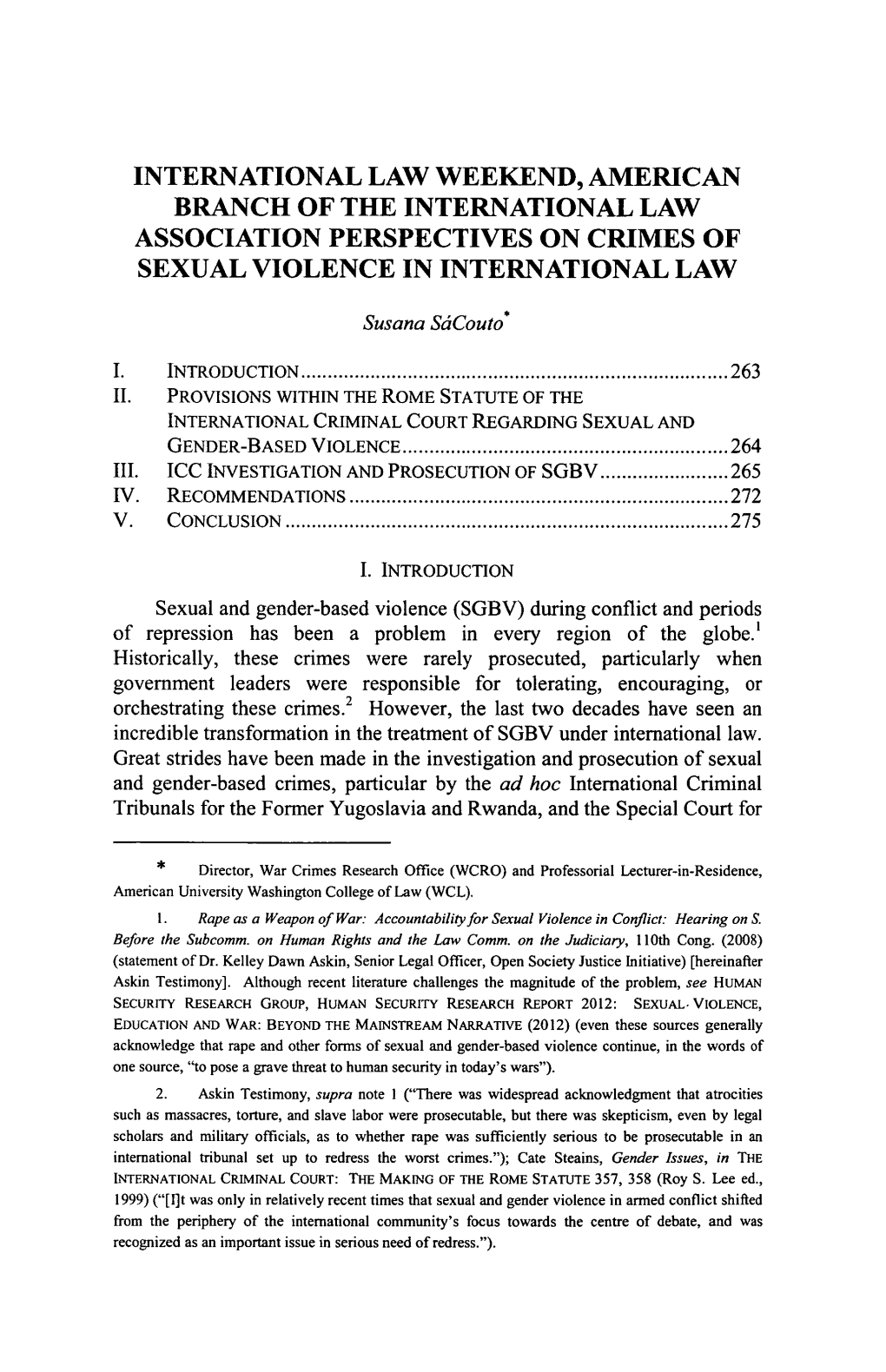 International Law Weekend, American Branch of the International Law Association Perspectives on Crimes of Sexual Violence in International Law