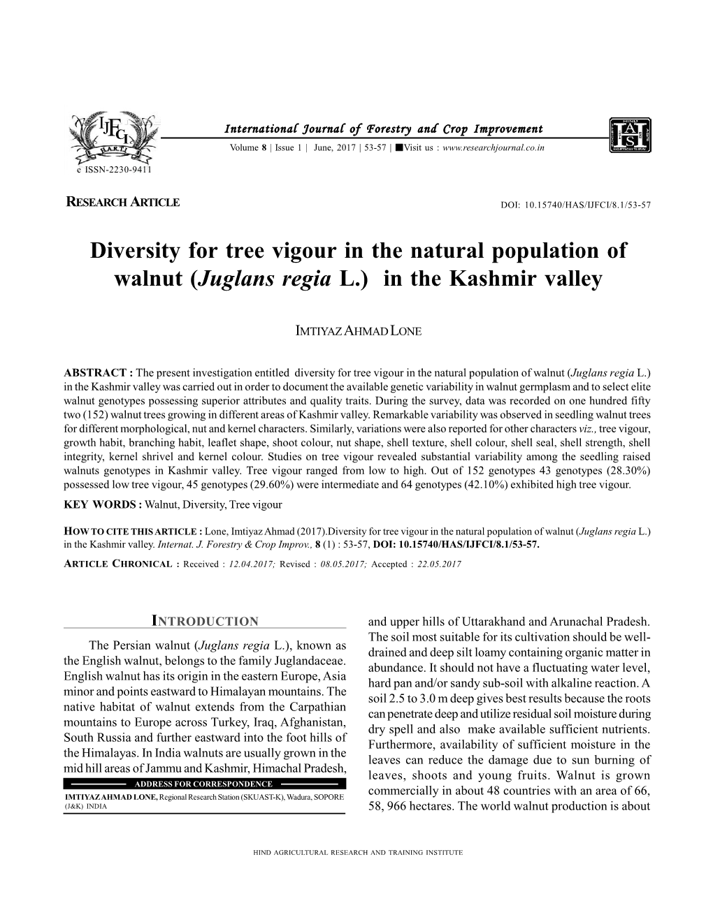 Diversity for Tree Vigour in the Natural Population of Walnut (Juglans Regia L.) in the Kashmir Valley