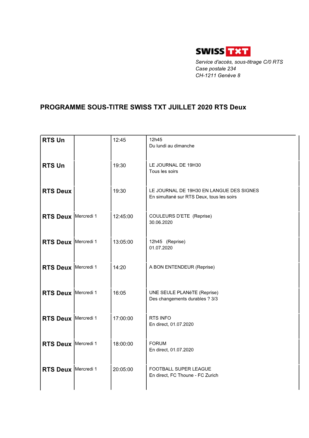 PROGRAMME SOUS-TITRE SWISS TXT JUILLET 2020 RTS Deux