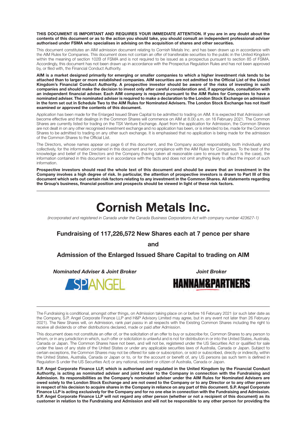 AIM Admission Document Relating to Cornish Metals Inc