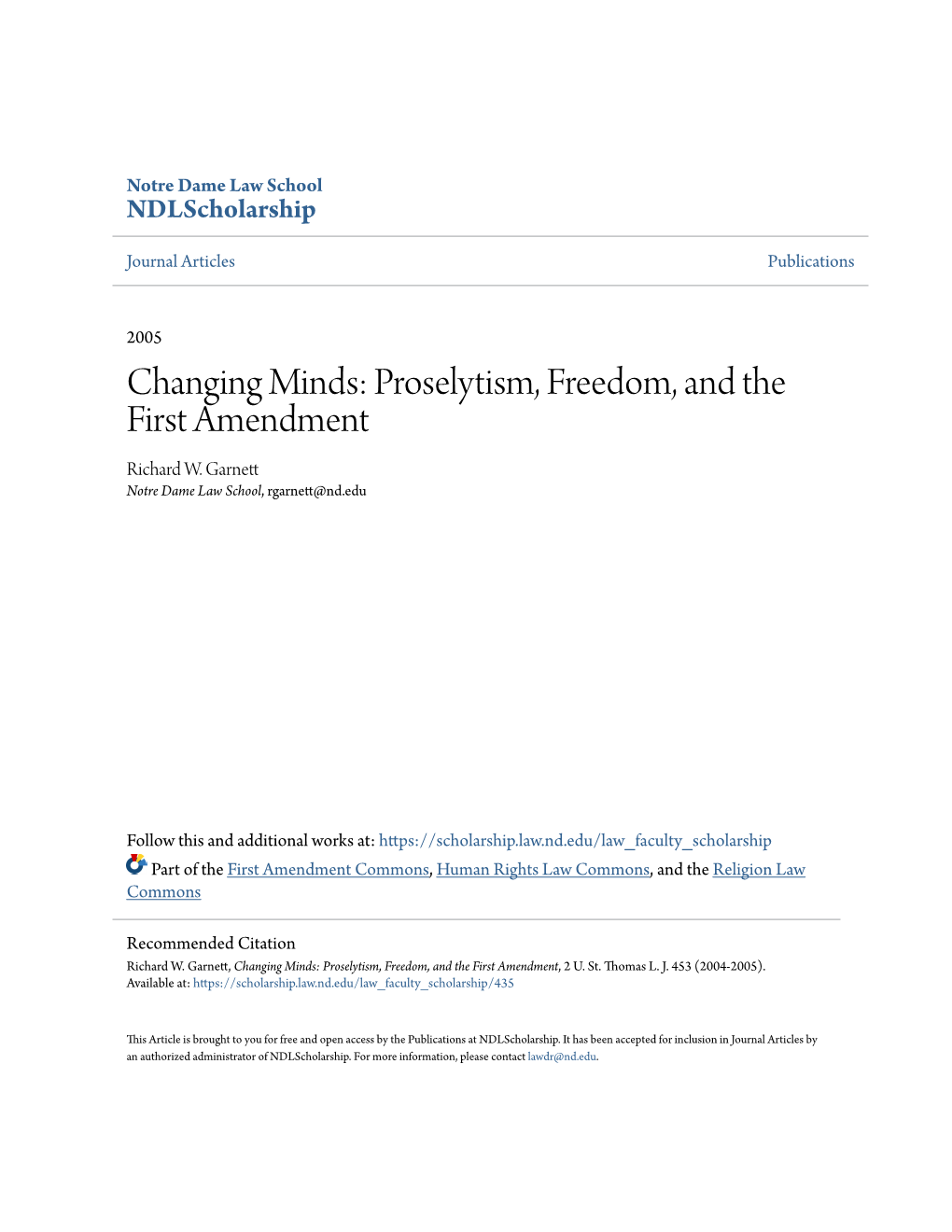 Changing Minds: Proselytism, Freedom, and the First Amendment Richard W