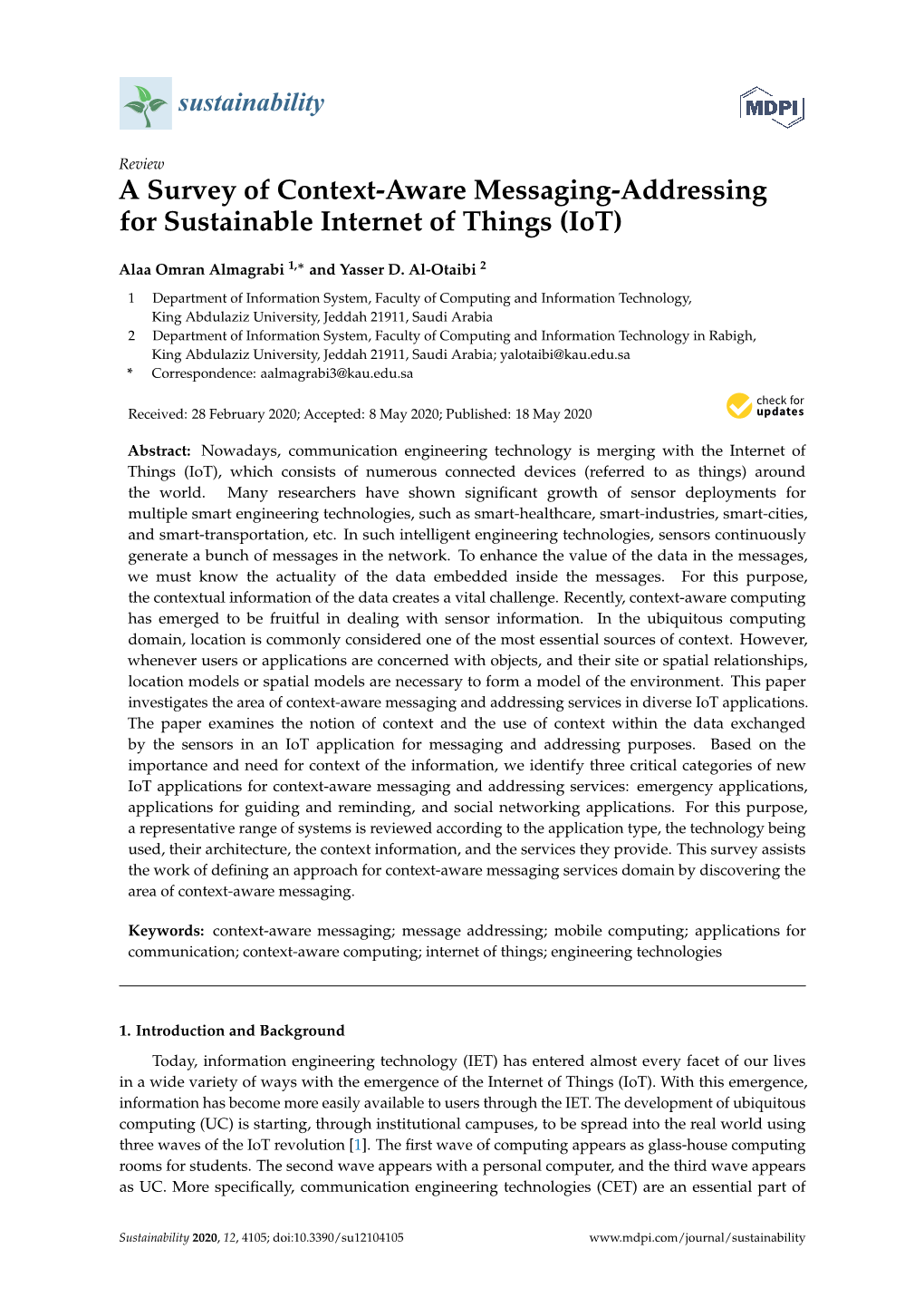 A Survey of Context-Aware Messaging-Addressing for Sustainable Internet of Things (Iot)