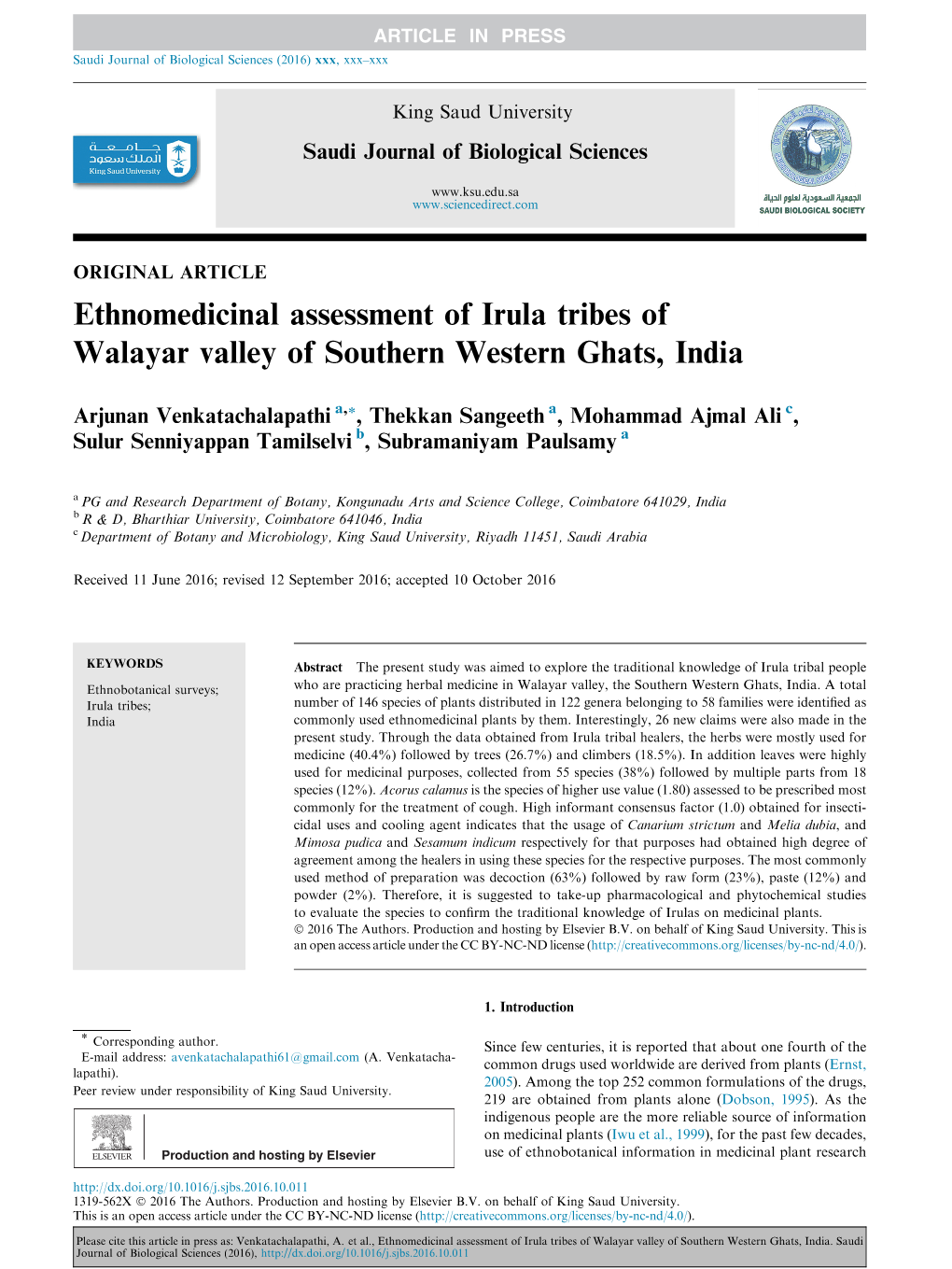 Ethnomedicinal Assessment of Irula Tribes of Walayar Valley of Southern Western Ghats, India
