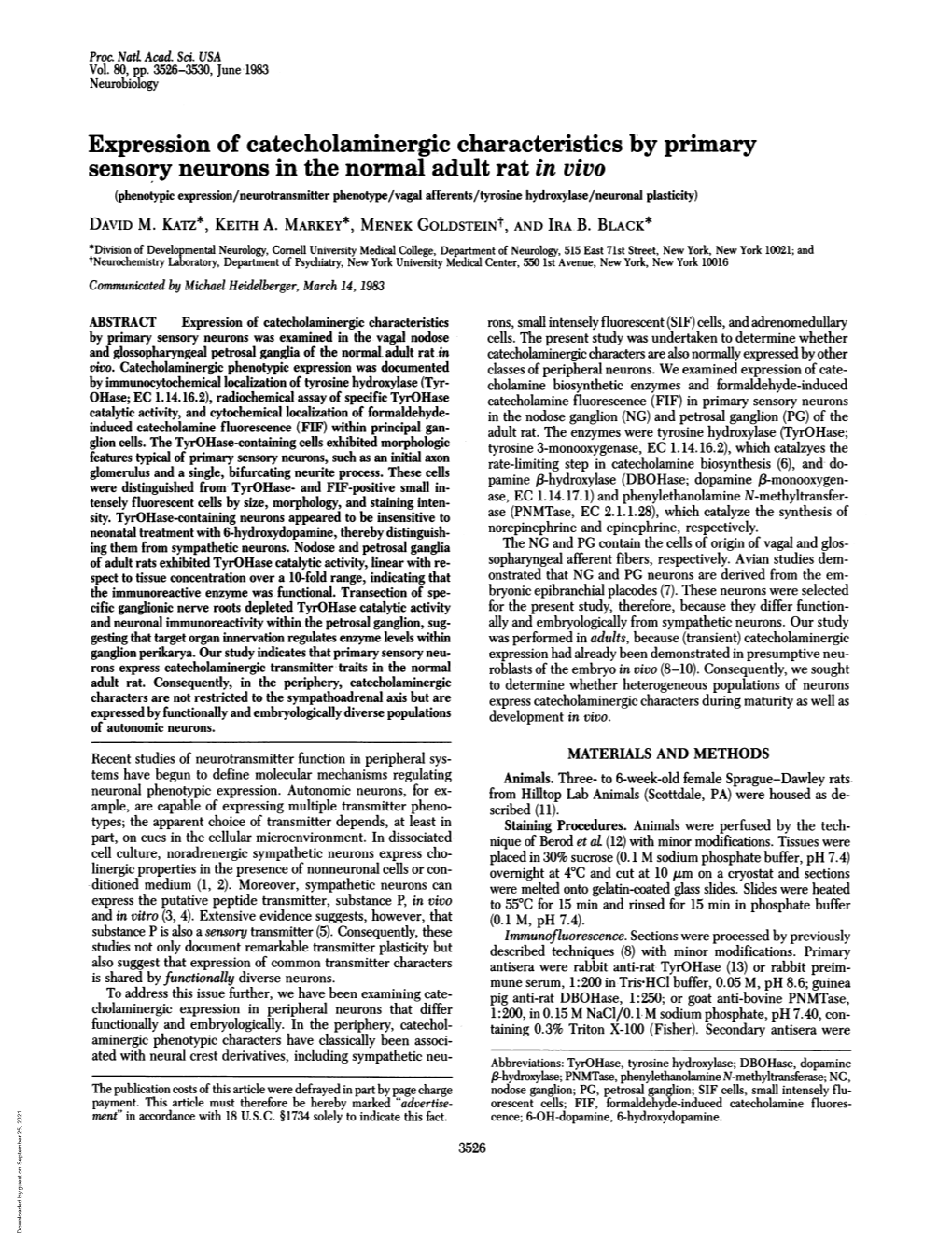 Expression of Catecholaminergic Characteristics Byprimary