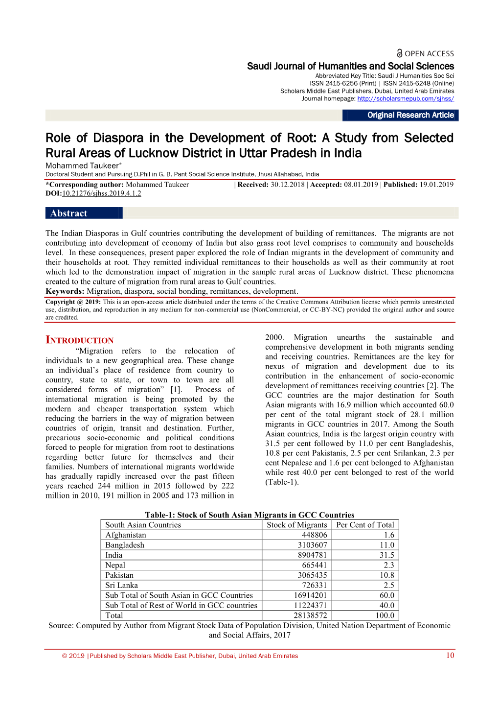 Role of Diaspora in the Development of Root: a Study from Selected