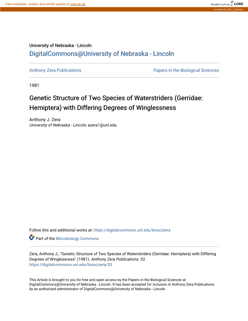 Genetic Structure of Two Species of Waterstriders (Gerridae: Hemiptera) with Differing Degrees of Winglessness