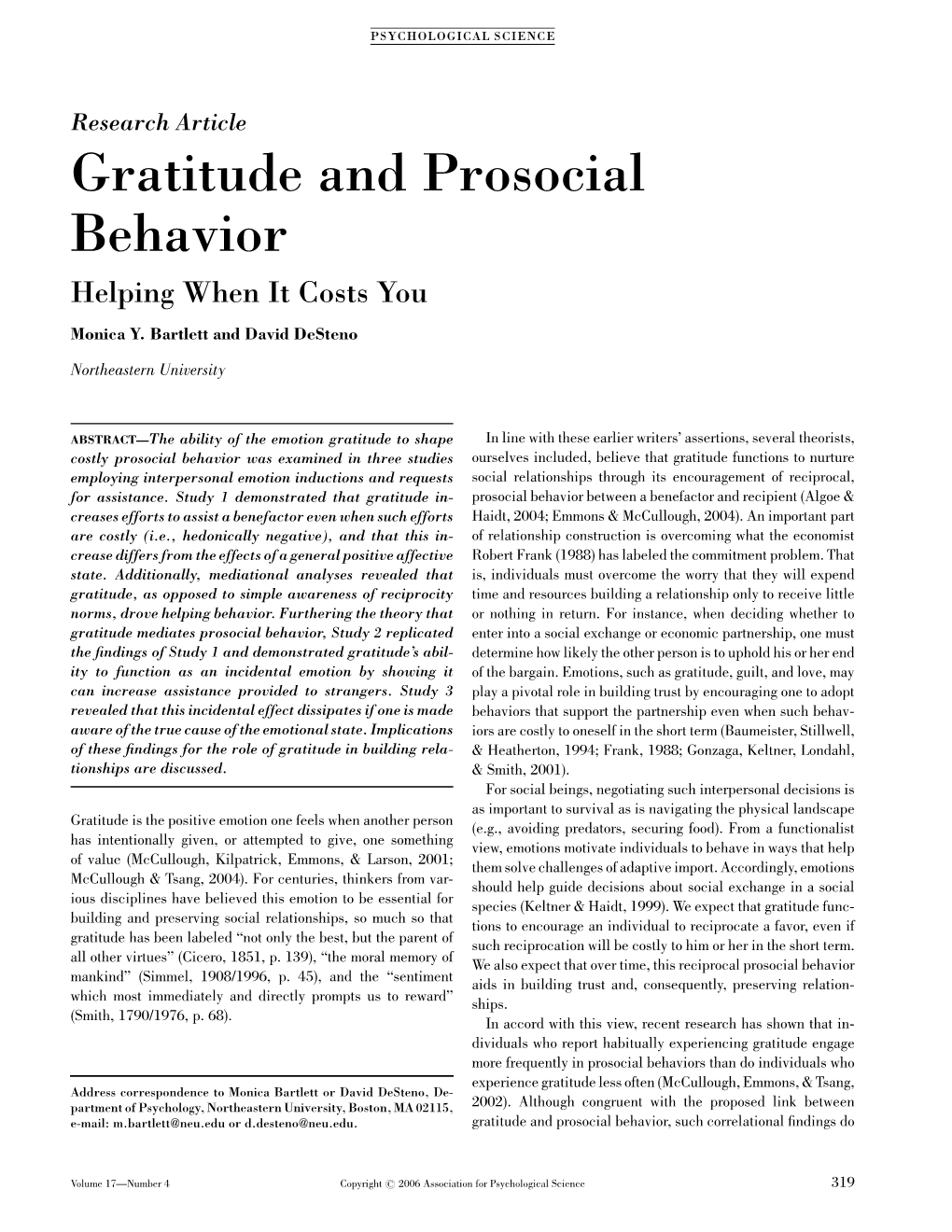 Gratitude and Prosocial Behavior Helping When It Costs You Monica Y