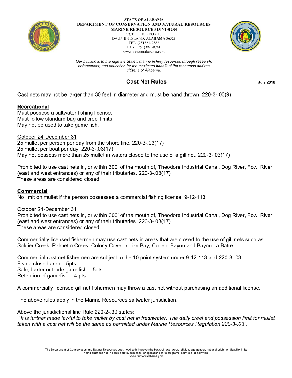 Cast Net Rules July 2016