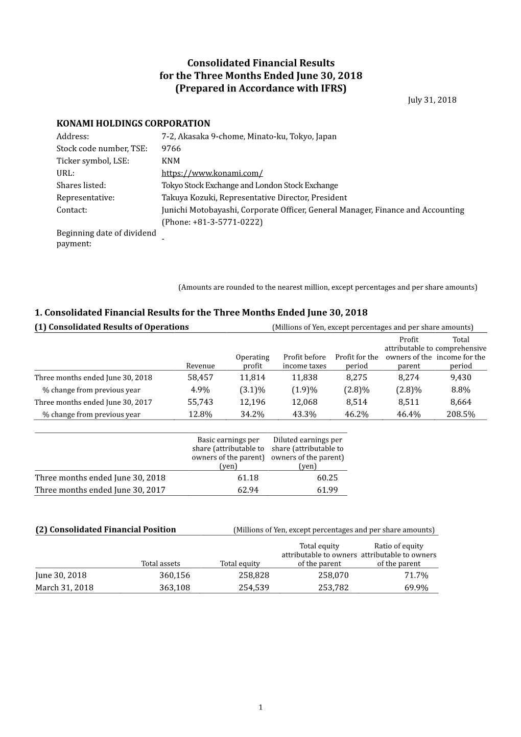 1Q FY2019 Consolidated Financial Results
