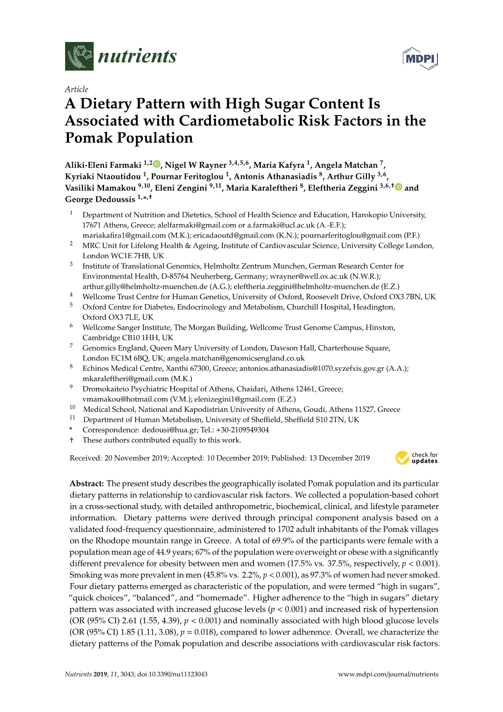 A Dietary Pattern with High Sugar Content Is Associated with Cardiometabolic Risk Factors in the Pomak Population