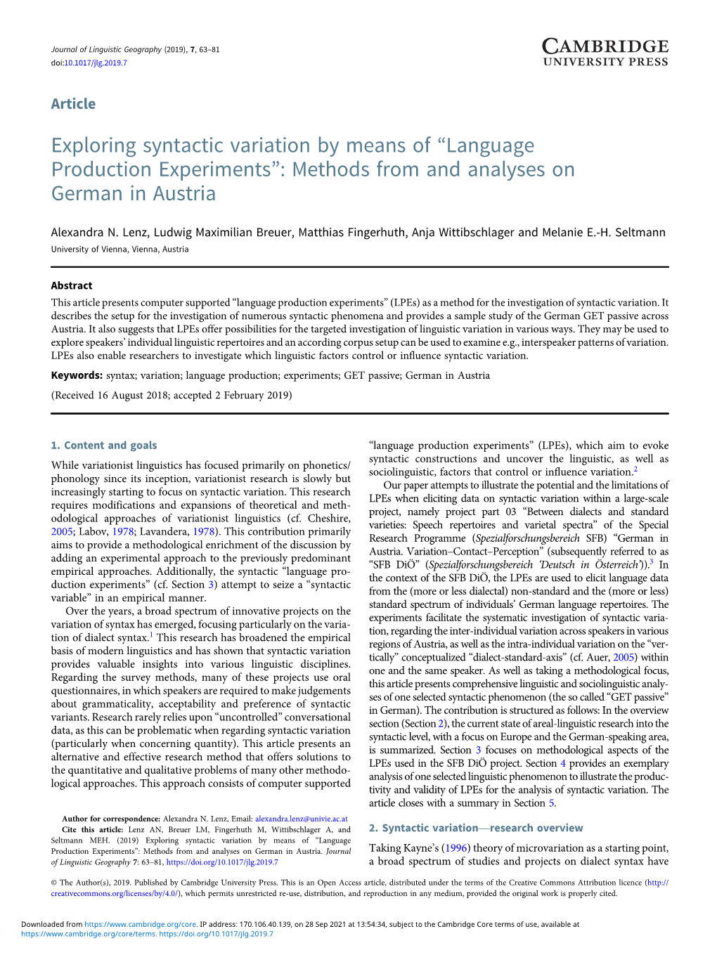 Exploring Syntactic Variation by Means of “Language Production Experiments”: Methods from and Analyses on German in Austria