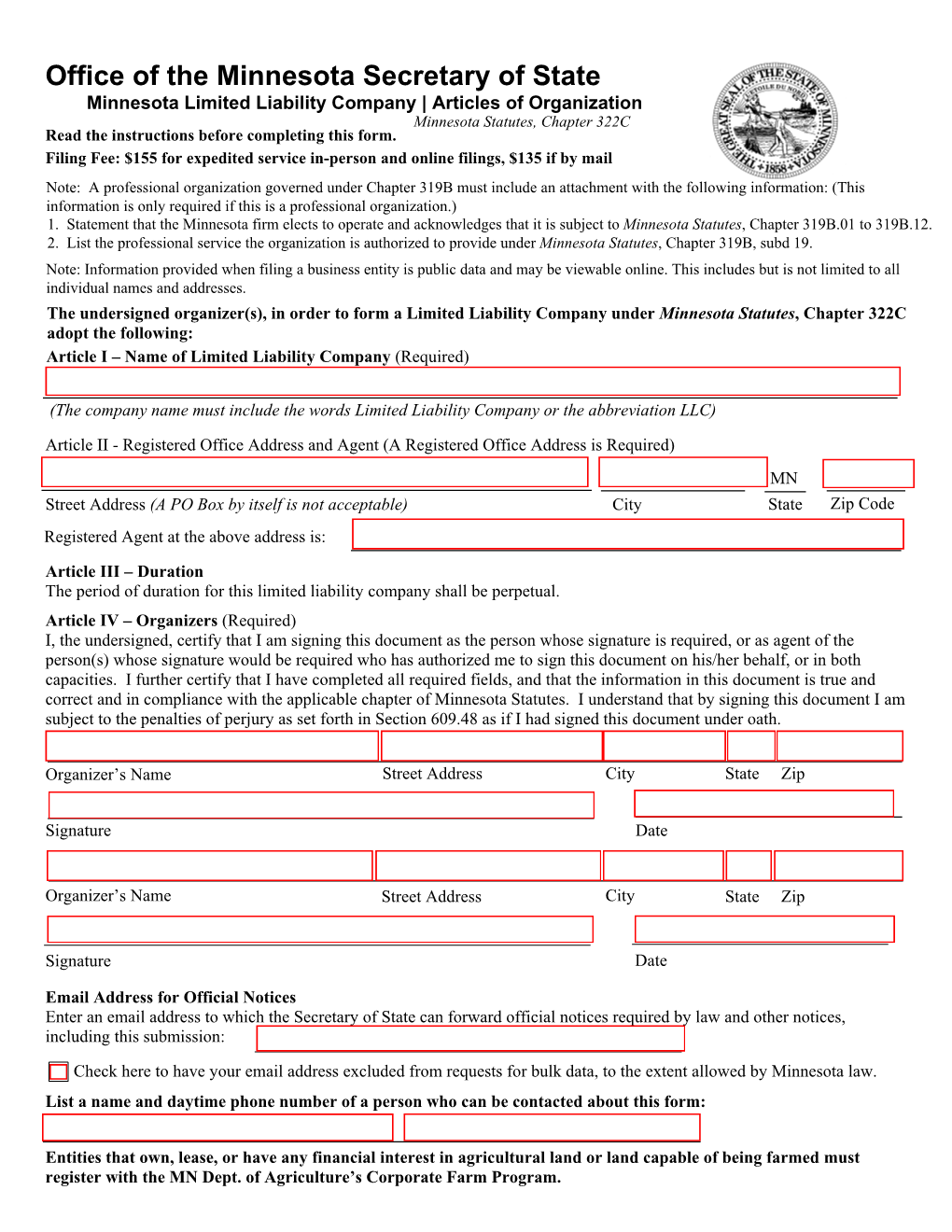 Minnesota Limited Liability Company Articles Organization