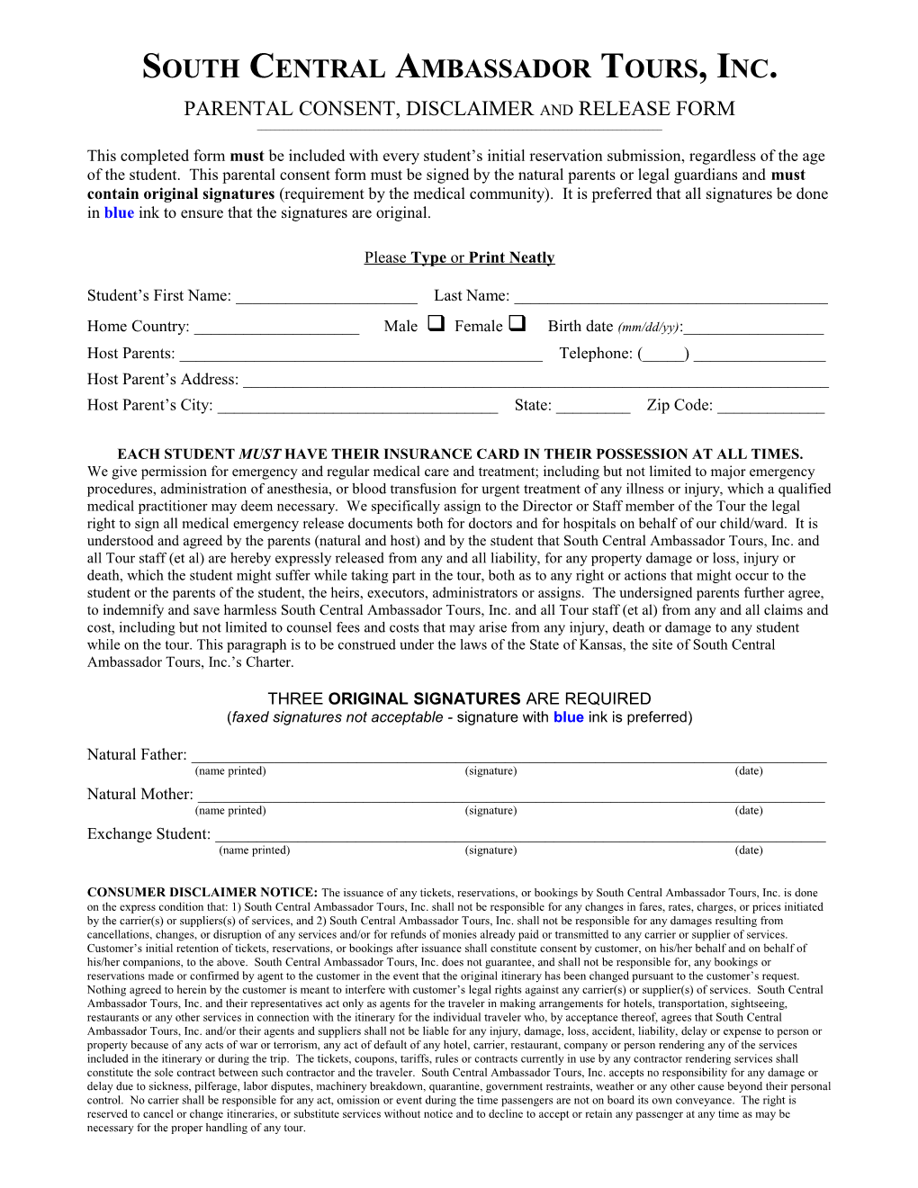 Parental Consent, Disclaimer And Release Form