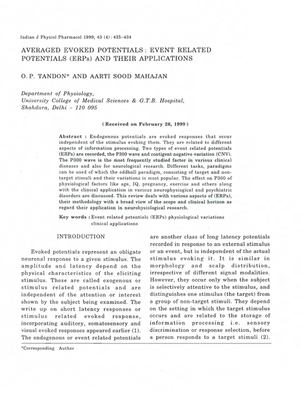 AVERAGED EVOKED POTENTIALS: EVENT RELATED POTENTIALS (Erps) and THEIR APPLICATIONS