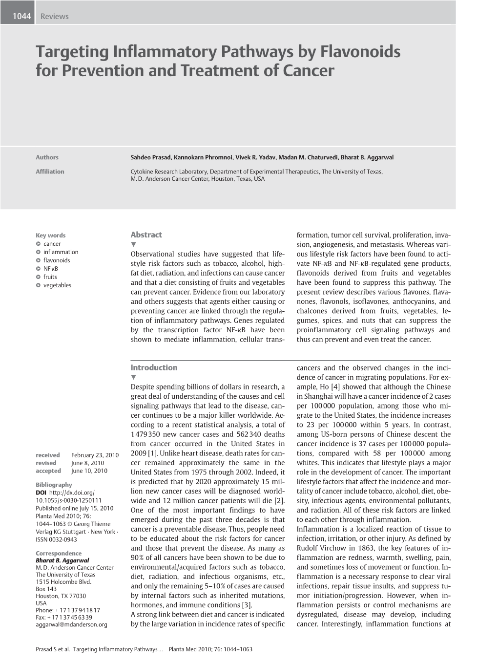 Targeting Inflammatory Pathways by Flavonoids for Prevention and Treatment of Cancer