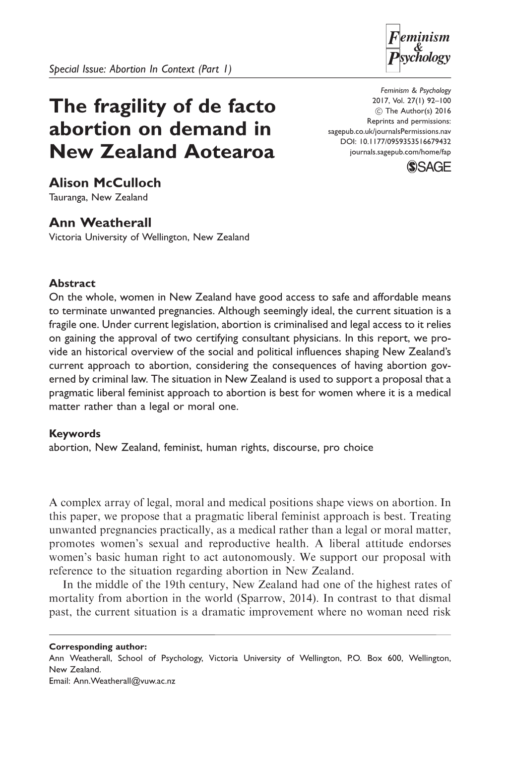 The Fragility of De Facto Abortion on Demand in New Zealand Aotearoa