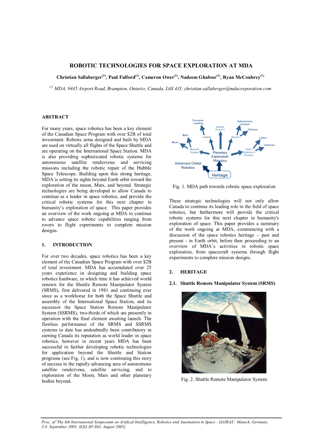 Robotic Technologies for Space Exploration at Mda