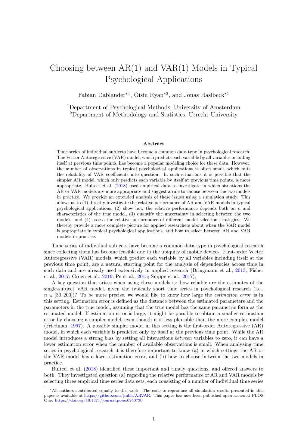 Choosing Between AR(1) and VAR(1) Models in Typical Psychological Applications