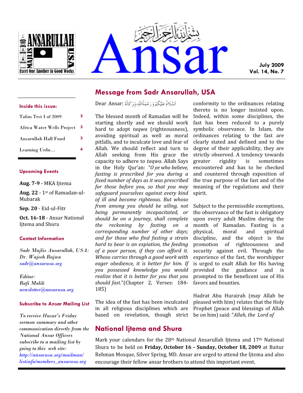 Ansar Newsletter Can Be Accessed at Ansarusa.Org/Newsletter.Htm