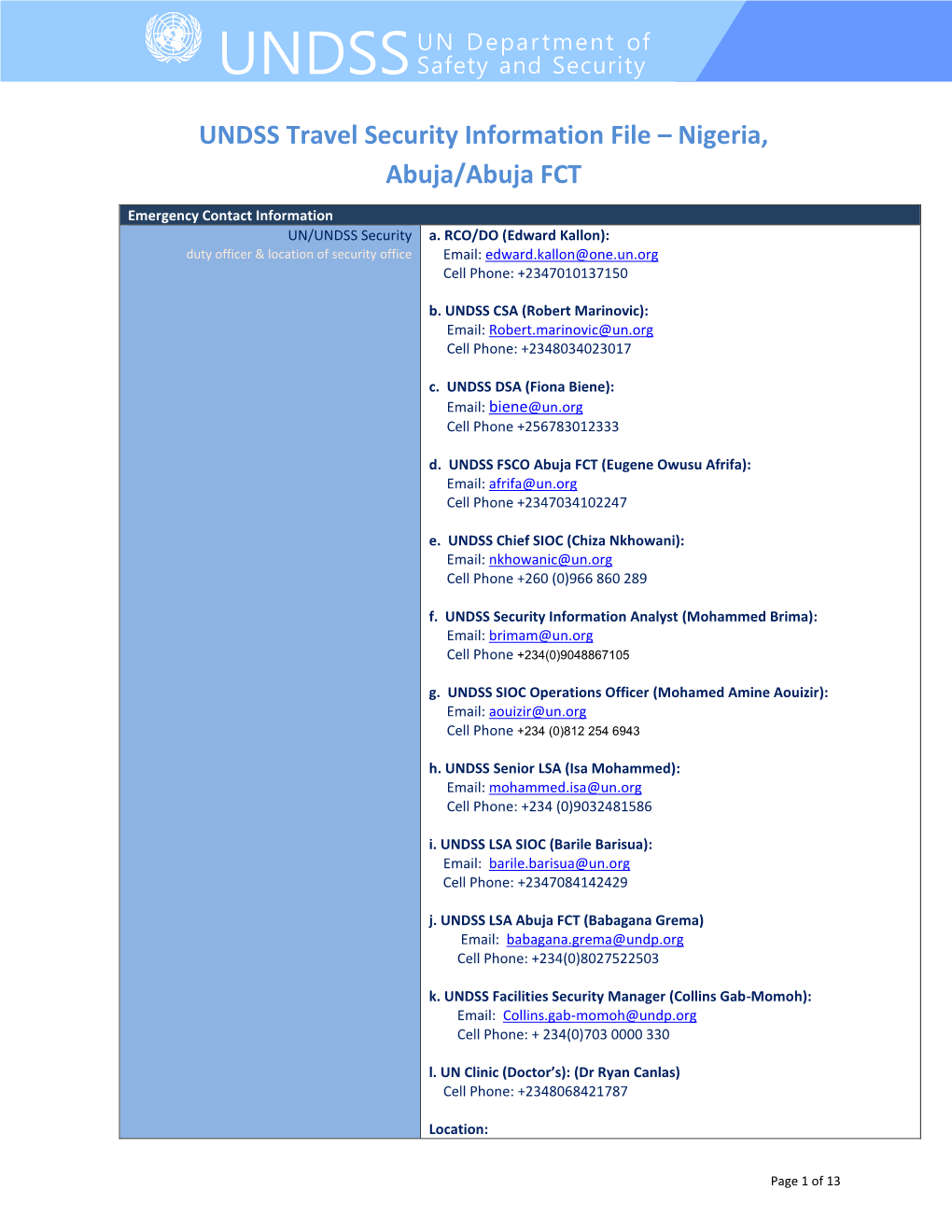 UNDSS Travel Security Information File – Nigeria, Abuja/Abuja FCT