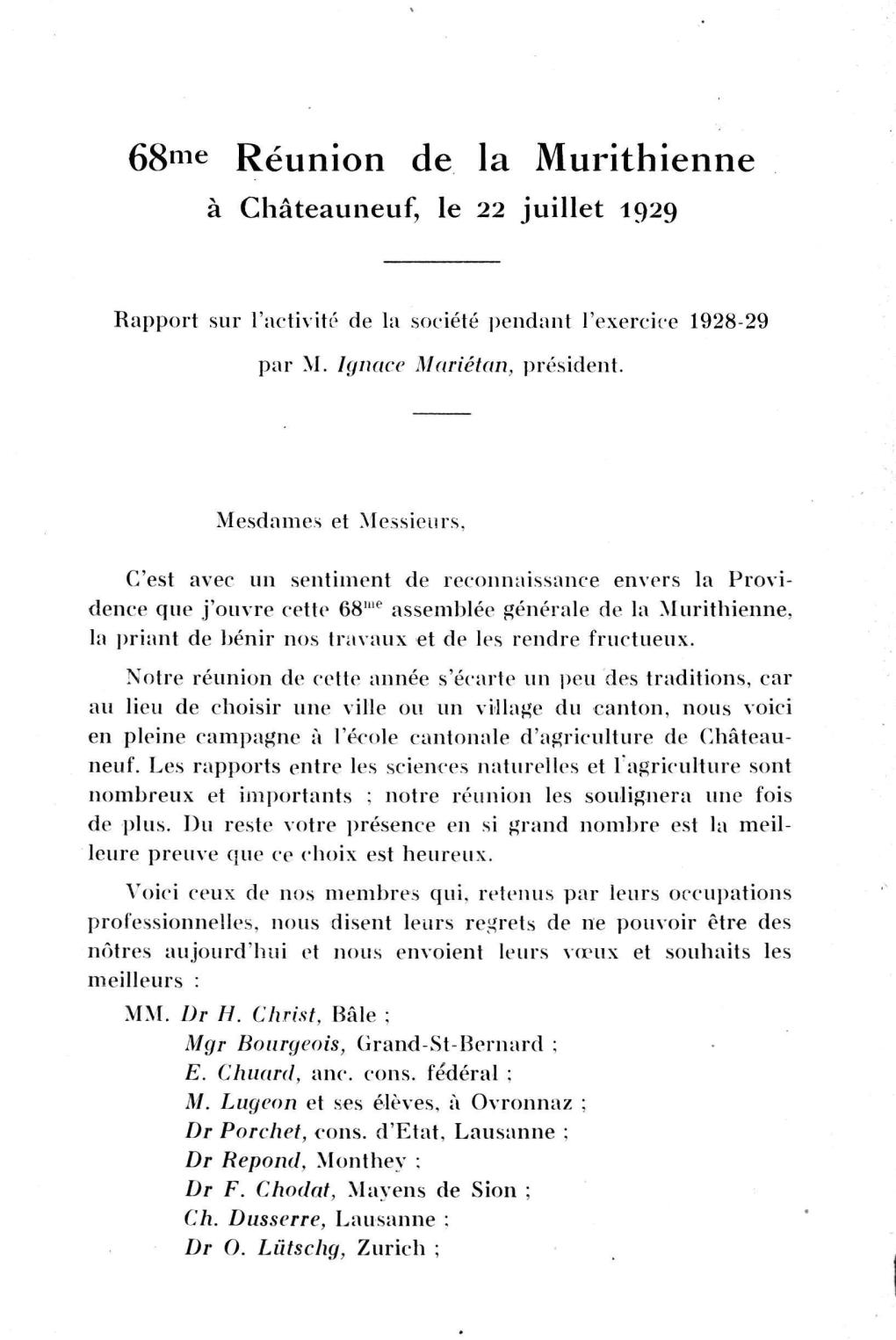 68Me Réunion De La Murithienne À Châteauneuf, Le 22 Juillet 1929