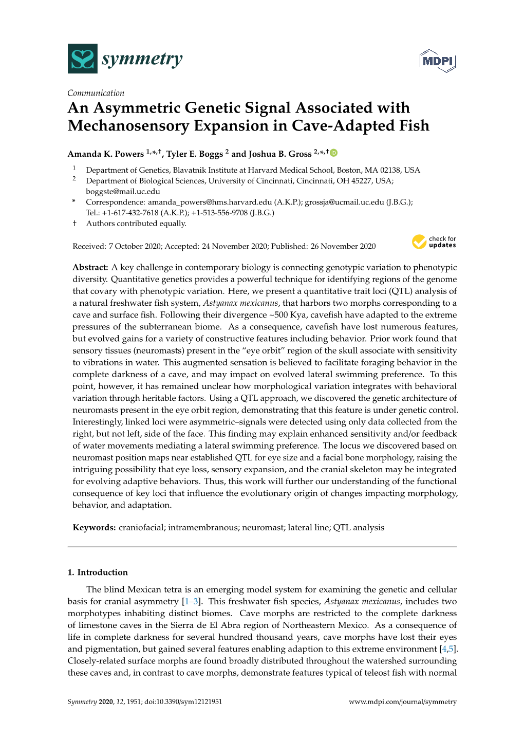 An Asymmetric Genetic Signal Associated with Mechanosensory Expansion in Cave-Adapted Fish