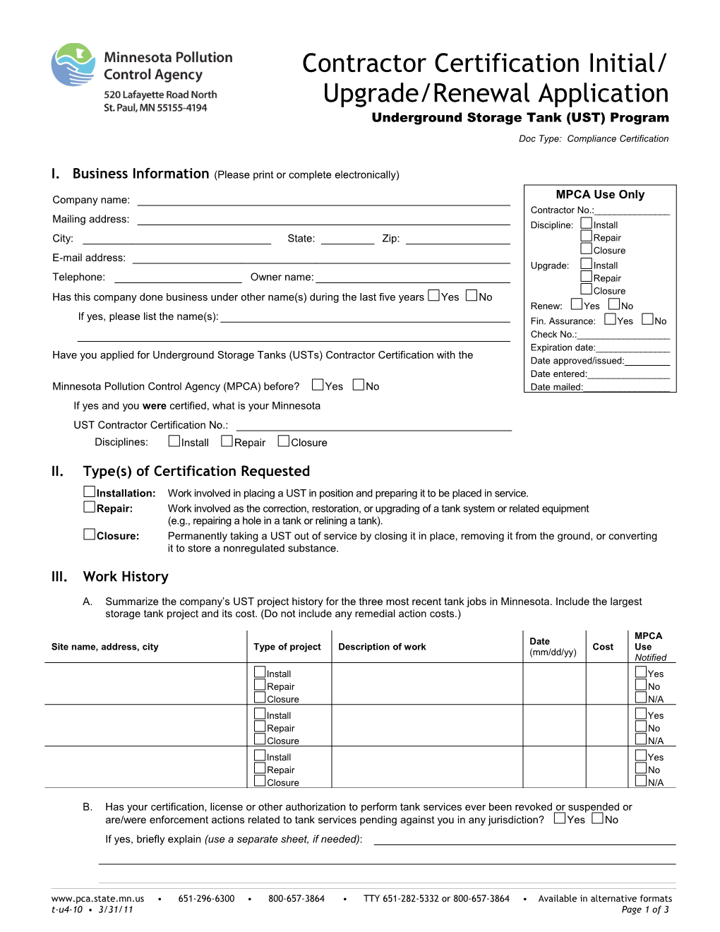 Contractor Certification Initial/Upgrade/Renewal Application -Underground Storage Tank