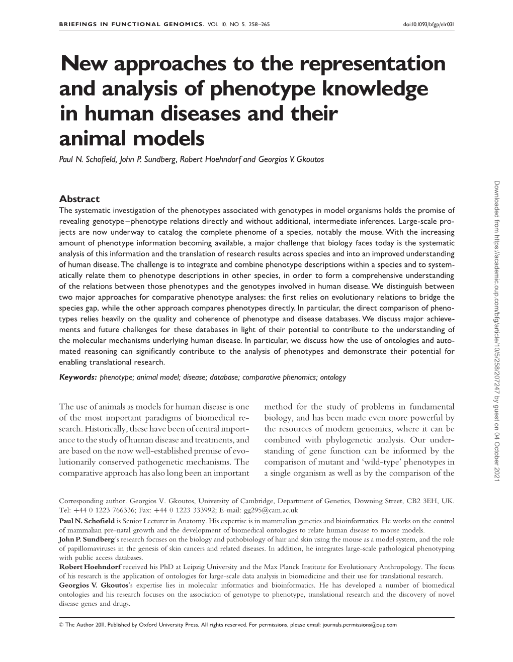 New Approaches to the Representation and Analysis of Phenotype Knowledge in Human Diseases and Their Animal Models Paul N