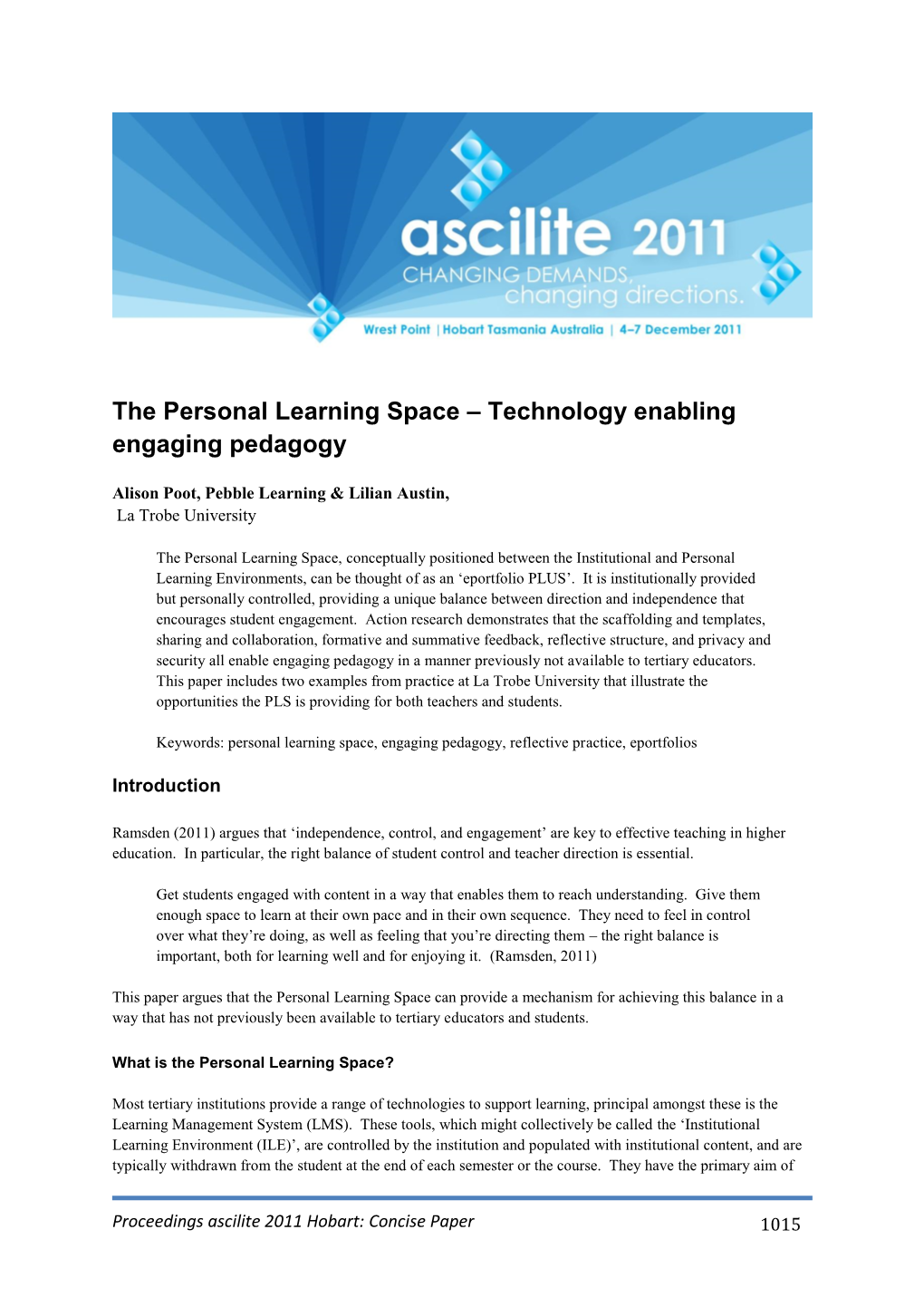 The Personal Learning Space – Technology Enabling Engaging Pedagogy