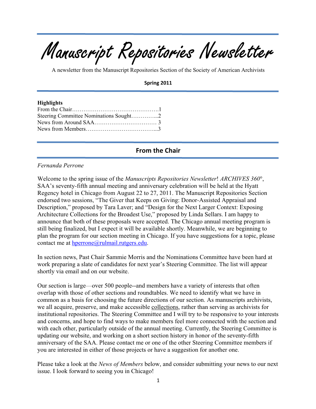 Spring 2011 Newsletter