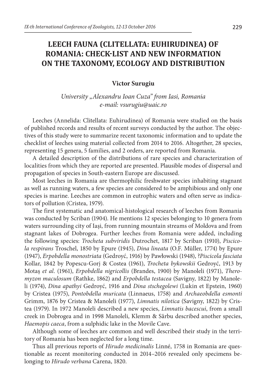 Clitellata: Euhirudinea) of Romania: Check-List and New Information on the Taxonomy, Ecology and Distribution