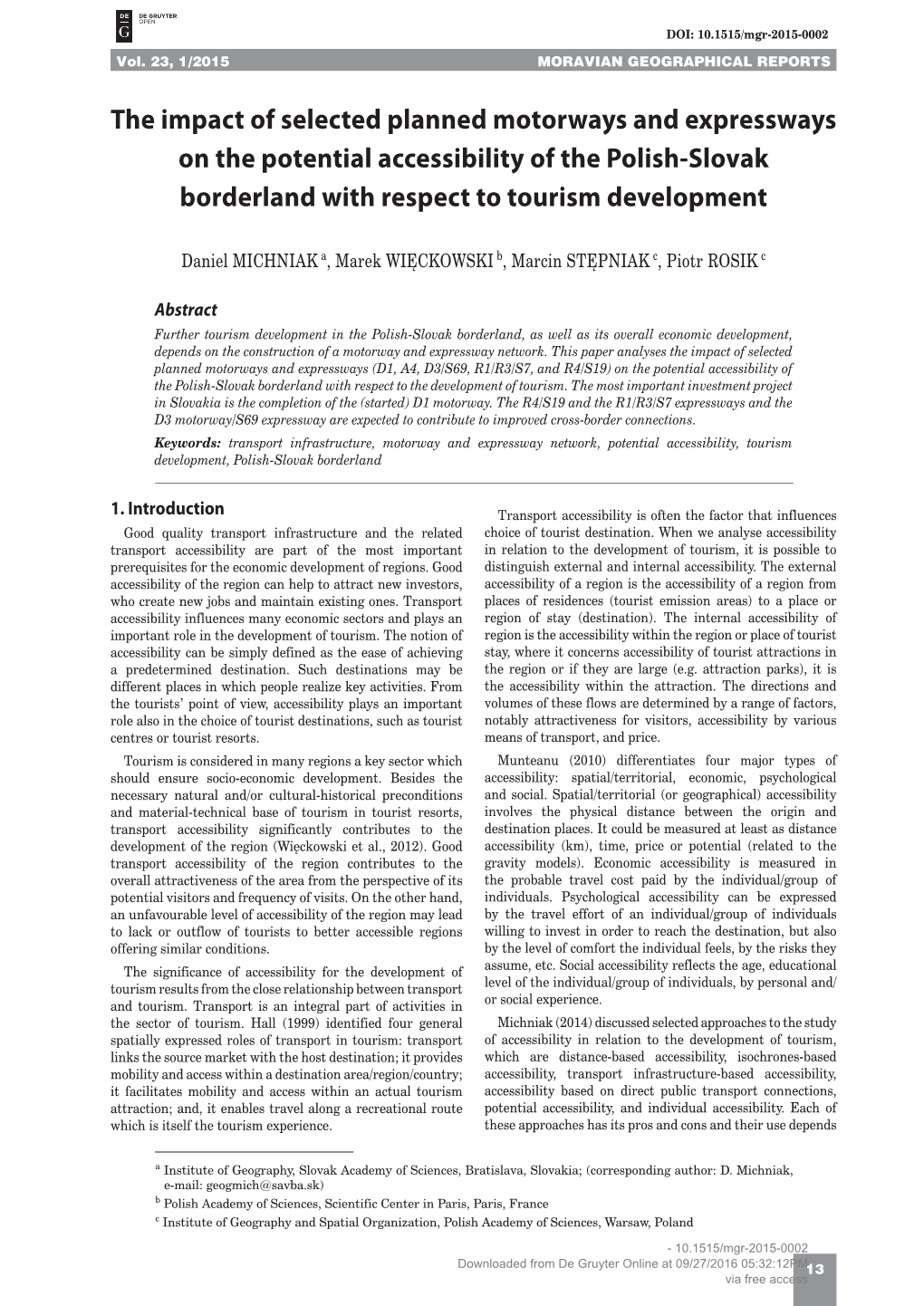 The Impact of Selected Planned Motorways and Expressways on the Potential Accessibility of the Polish-Slovak Borderland with Respect to Tourism Development