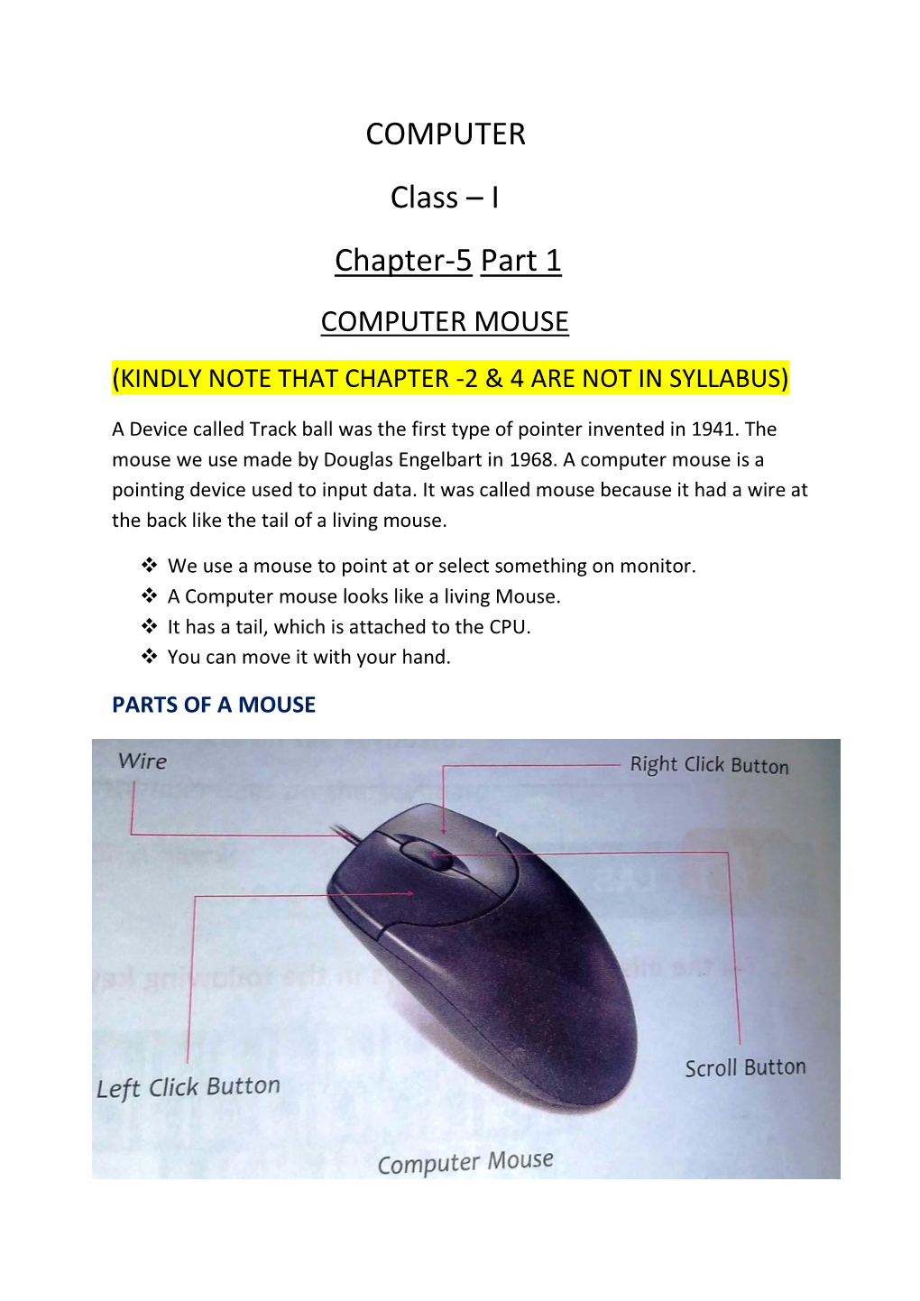 COMPUTER Class – I Chapter-5 Part 1 COMPUTER MOUSE (KINDLY NOTE THAT CHAPTER -2 & 4 ARE NOT in SYLLABUS)