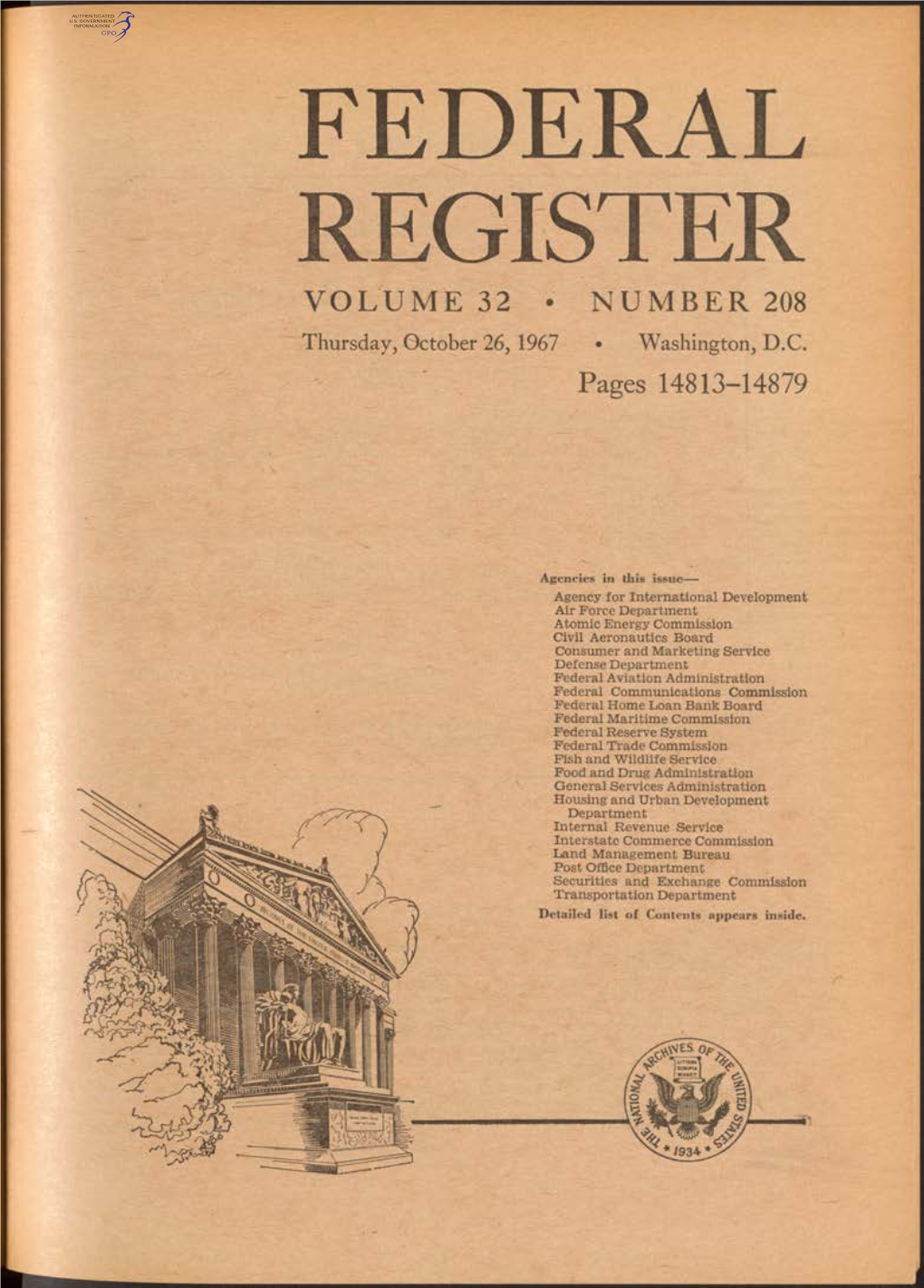 FEDERAL REGISTER VOLUME 32 • NUMBER 208 Thursday, October 26, 1967 • Washington, D.C