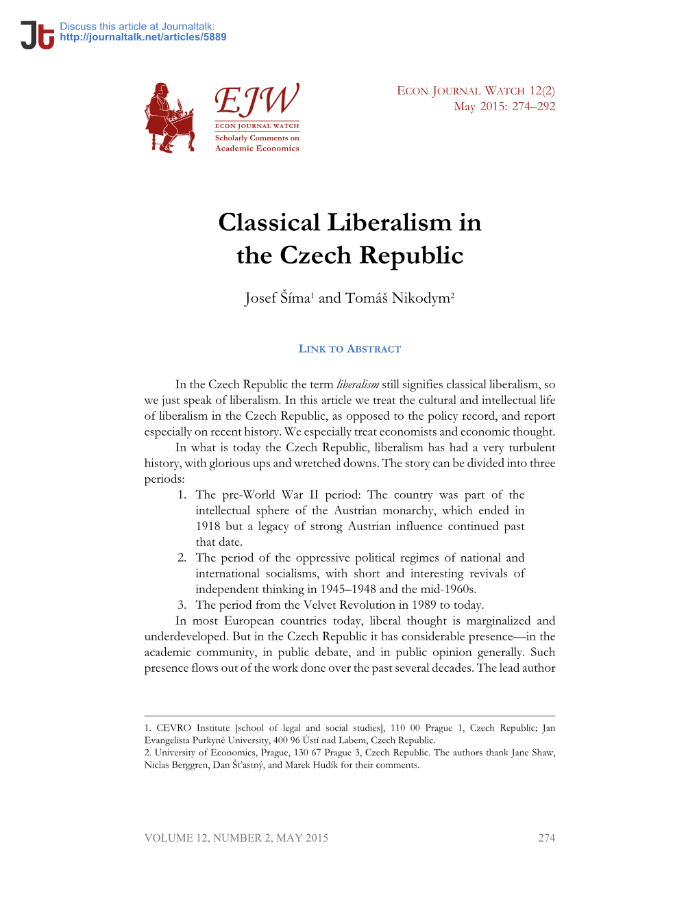 Classical Liberalism in the Czech Republic · Econ Journal Watch