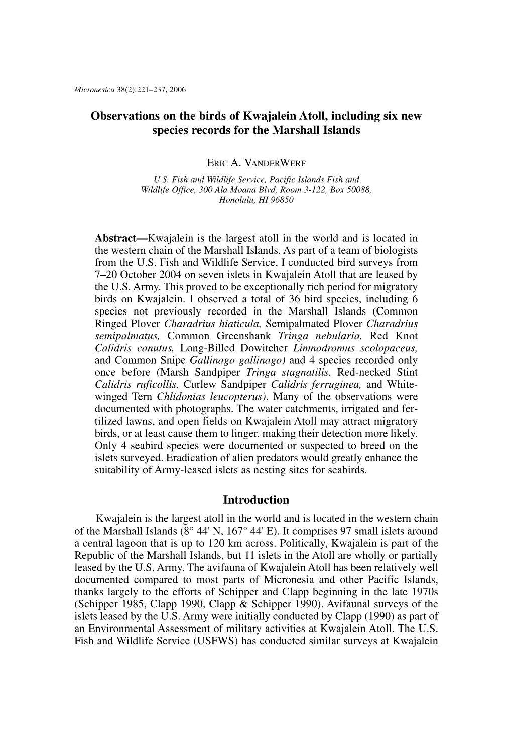 Observations on the Birds of Kwajalein Atoll, Including Six New Species Records for the Marshall Islands