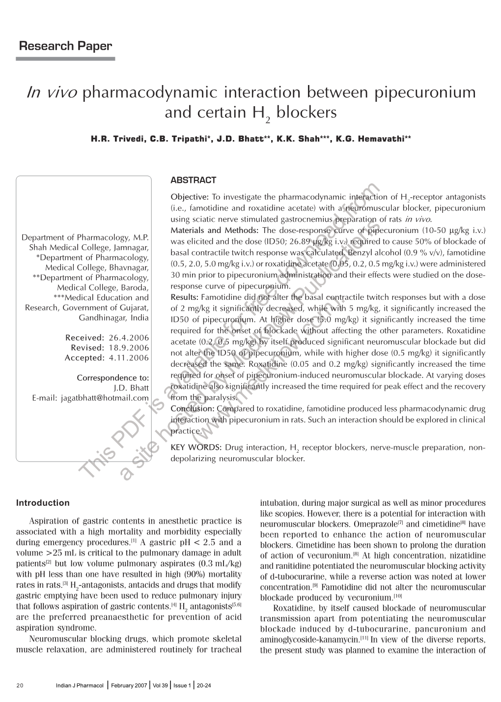 In Vivo Pharmacodynamic Interaction Between Pipecuronium and Certain H2 Blockers