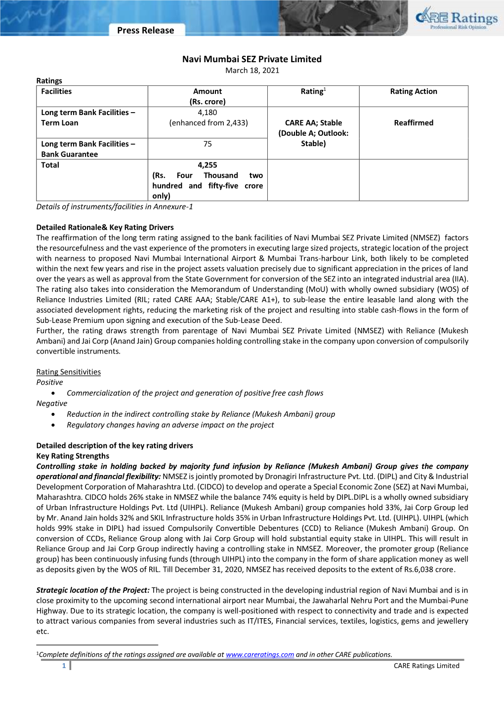 Press Release Navi Mumbai SEZ Private Limited