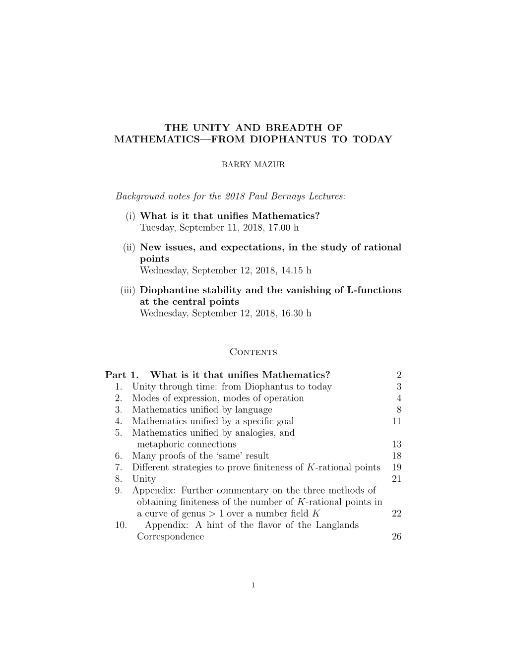 The Unity and Breadth of Mathematics—From Diophantus to Today