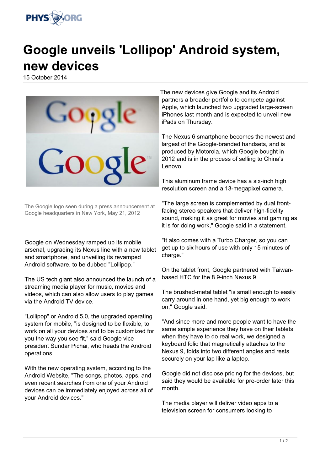 Google Unveils 'Lollipop' Android System, New Devices 15 October 2014