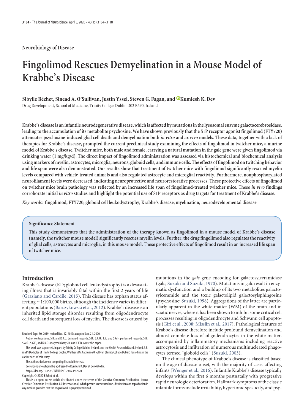 Fingolimod Rescues Demyelination in a Mouse Model of Krabbe’S Disease