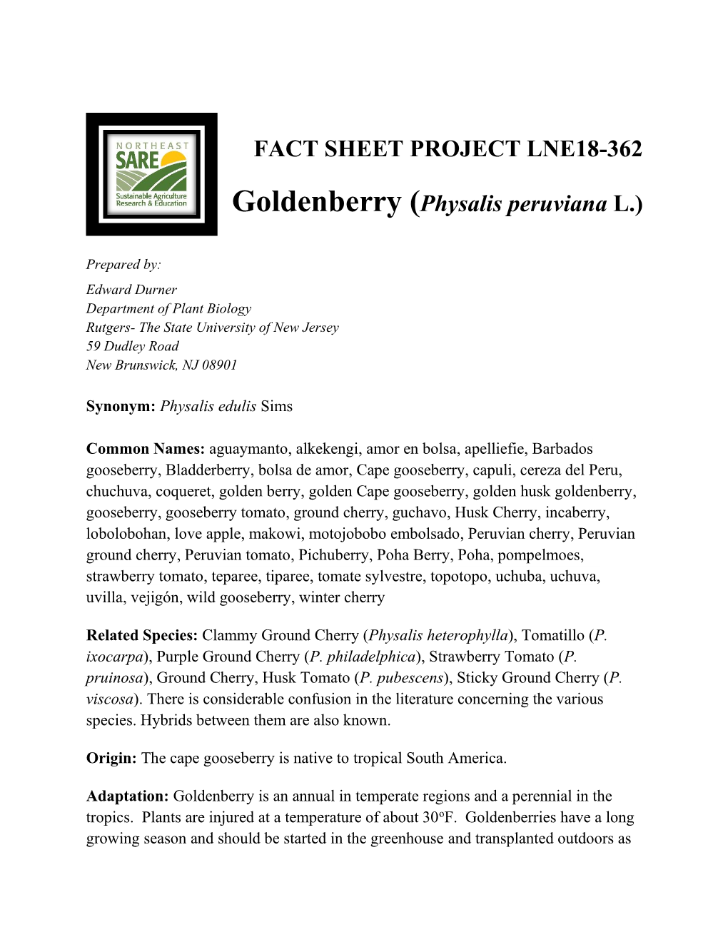 FACT SHEET PROJECT LNE18-362 Goldenberry (Physalis Peruviana