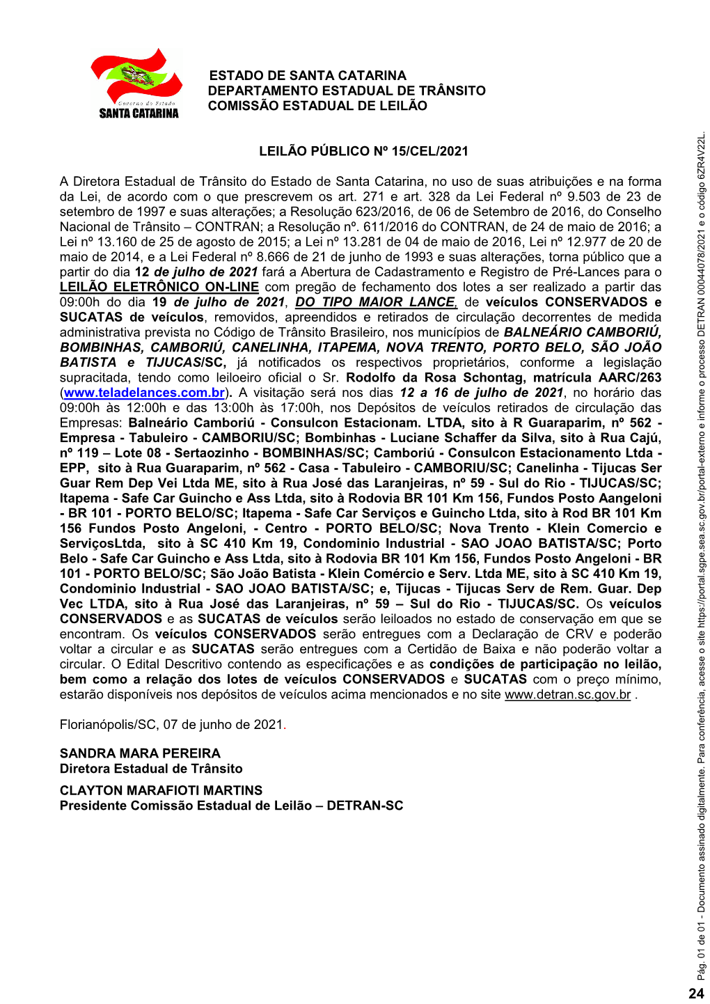 Estado De Santa Catarina Departamento Estadual De Trânsito Comissão Estadual De Leilão