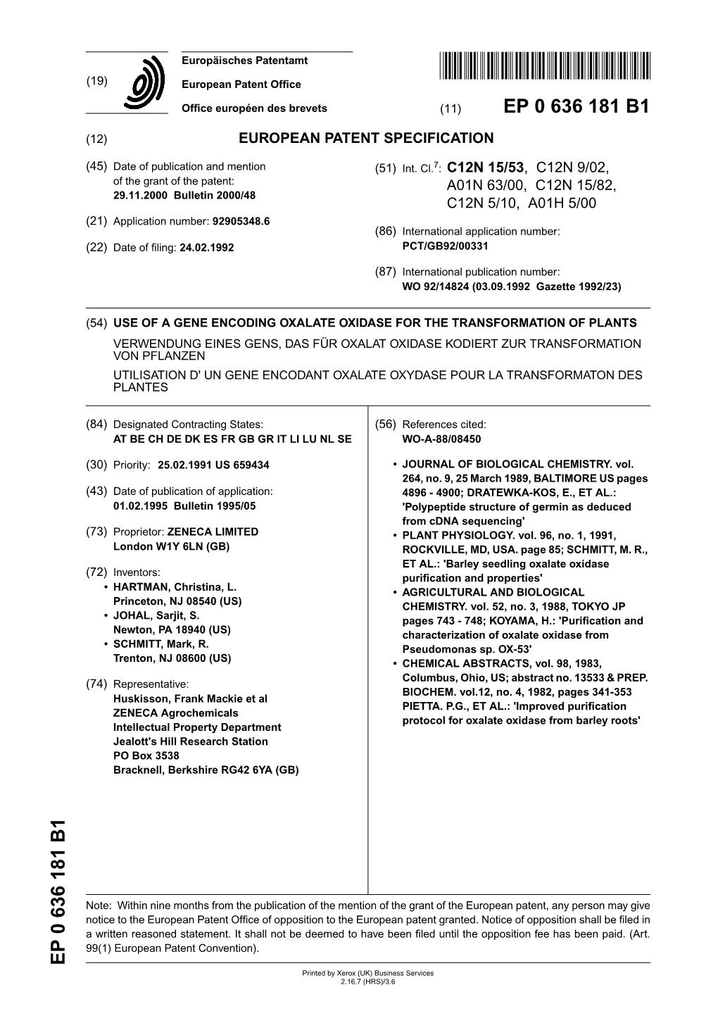 Use of a Gene Encoding Oxalate Oxidase for The