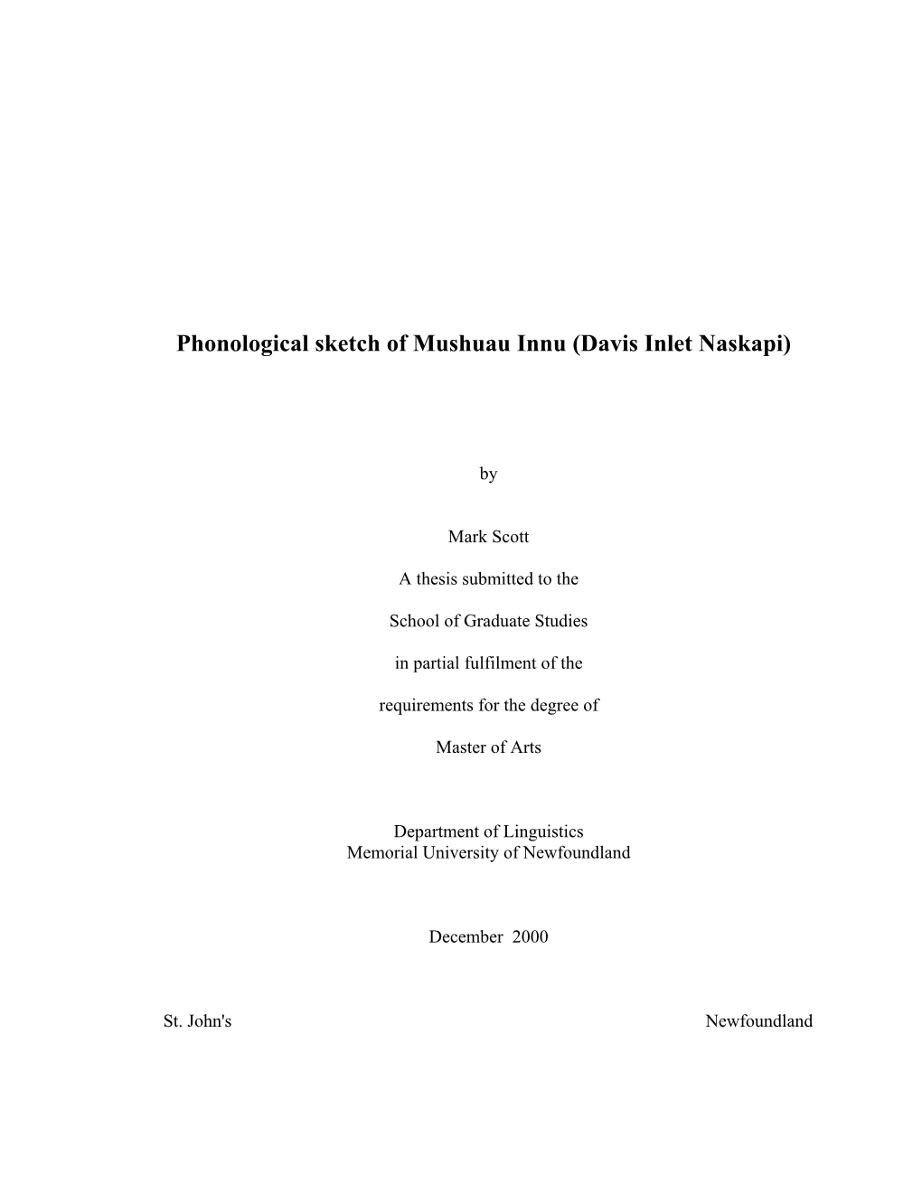 Phonological Sketch of Mushuau Innu (Davis Inlet Naskapi)