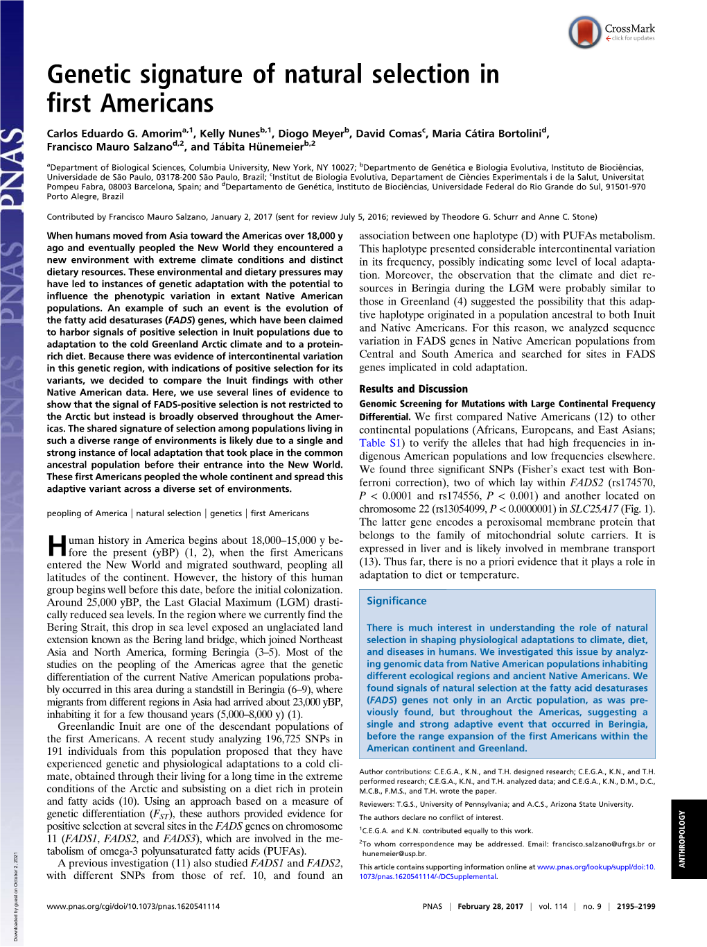 Genetic Signature of Natural Selection in First Americans