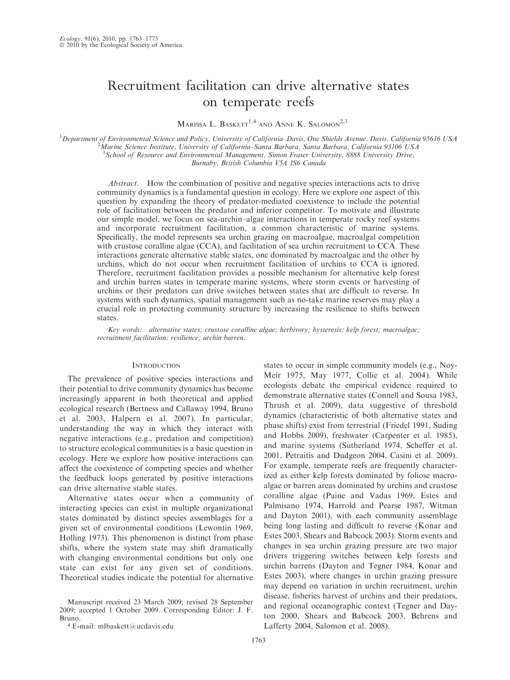 Recruitment Facilitation Can Drive Alternative States on Temperate Reefs