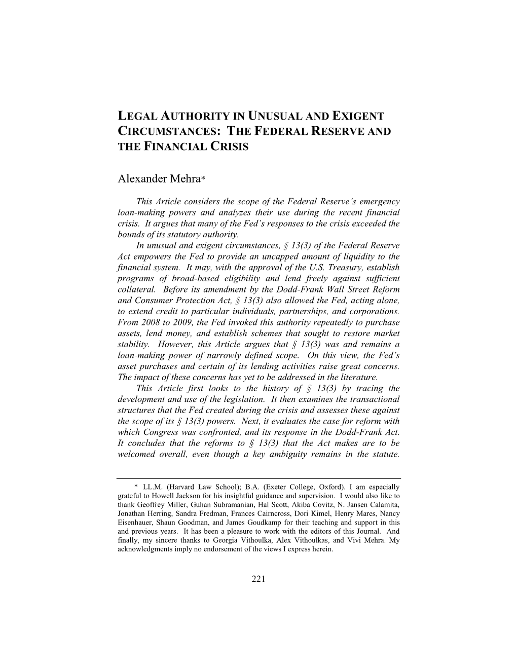 Legal Authority in Unusual and Exigent Circumstances: the Federal Reserve and the Financial Crisis