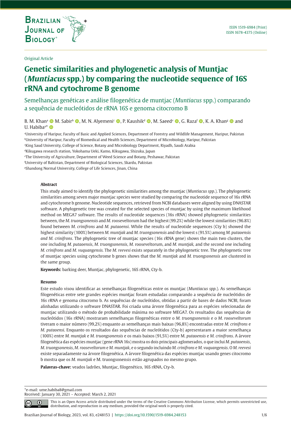 Genetic Similarities and Phylogenetic Analysis of Muntjac (Muntiacus Spp.) by Comparing the Nucleotide Sequence of 16S Rrna