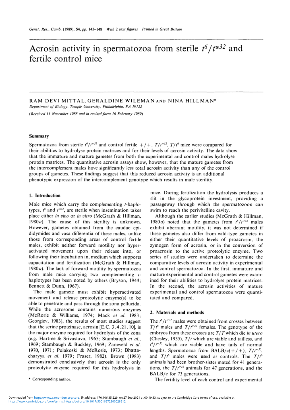 Acrosin Activity in Spermatozoa from Sterile T6/T W32 and Fertile